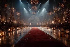 Elegant winter celebration in a grand hall decorated with twinkling lights and festive ornaments photo