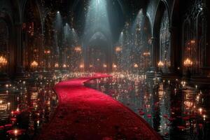 Elegant ballroom illuminated by soft lights with a red carpet and scattered rose petals in a grand setting photo