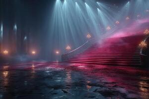 Glamorous grand staircase illuminated by soft lights in an elegant venue at night reveals a magical atmosphere photo
