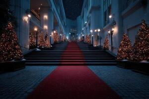 Elegant red carpet leading up a grand staircase lined with festive Christmas trees at night in a beautifully lit location photo