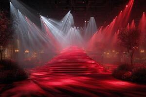 Stunning red and white light display highlights elegant stairs in a sophisticated event venue at night photo