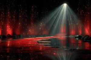 Illuminated pathway through a dark landscape with red hues and glowing reflections during a mystical night scene photo