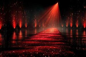 Elegant red carpet leading to illuminated stage with sparkling lights in a dimly lit venue during a gala event photo