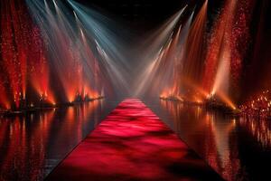 Stunning runway illuminated by colorful lights creates a dramatic atmosphere for a fashion event in the evening photo
