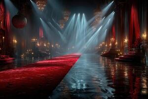 Dramatic interior of a grand hall with red carpet and ambient lighting in a luxurious setting photo