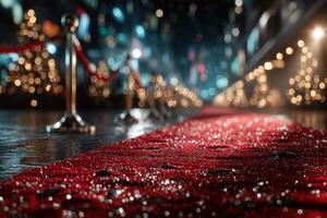 Elegant red carpet leading towards illuminated decorations in a festive urban setting at night photo