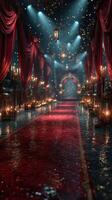 Elegant red carpet pathway illuminated by candles in a grand, moody venue during a nighttime event photo