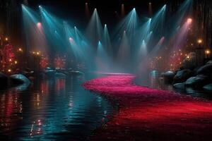 Mood lighting with red carpet winding through water in a serene setting at night creating a magical atmosphere for a special event photo