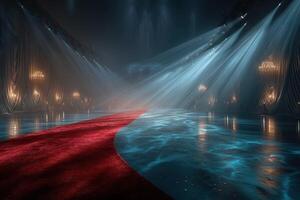 Luxurious red carpet leading to an elegant venue illuminated by dramatic lighting photo