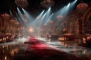 Elegant ballroom illuminated by chandeliers with festive decorations and gleaming floors during a winter celebration photo