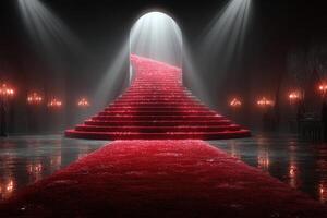 Majestic staircase adorned with red petals in a dimly lit hall with elegant lighting photo