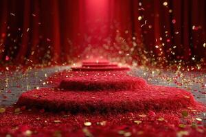 Glistening red carpet pathway decorated with golden confetti in an elegant setting ready for a special event photo