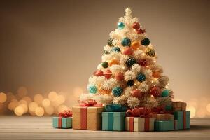 Christmas tree adorned with colorful ornaments and presents in a warm, festive setting photo