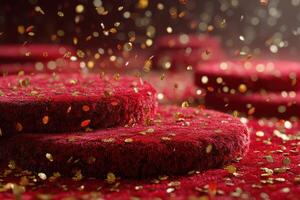 Festive red and gold decorations create a vibrant atmosphere for celebration during a grand event at a luxurious venue photo