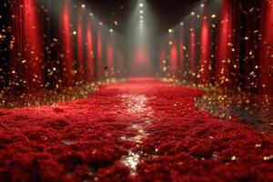 Red carpet path lined with golden confetti under dramatic lighting in a festive hall setting photo