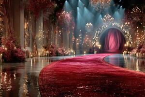Elegant red carpet pathway illuminated by chandeliers in a lavish indoor setting during an evening gala photo