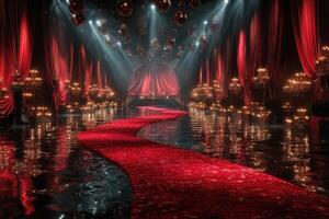 Glamorous red carpet event in a lavish venue featuring elegant decor and dramatic lighting photo