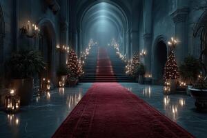 Elegant staircase with festive decorations in a dimly lit hallway during holiday season photo