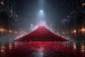 Majestic red staircase in an ancient hall illuminated by soft light and mist at night photo