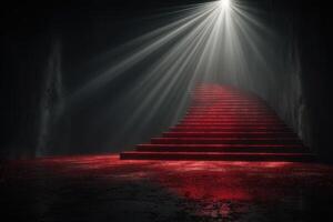 Staircase illuminated by a bright beam of light in a dark, mysterious cave environment with red highlights photo
