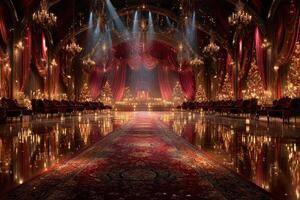 Elegant ballroom with chandeliers and red drapery illuminated by soft lighting at an evening event photo