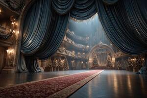 Grand theater decorated for Christmas with elegant curtains and festive ambiance during winter evening photo