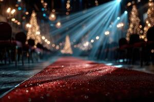 Elegant red carpet leads toward sparkling trees in a festive hall filled with soft lighting during a holiday celebration photo