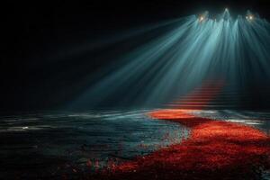 Dramatic lighting illuminates a path of red petals leading to a staircase in a dimly lit space photo