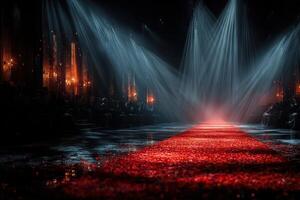 Stylish runway adorned with red carpet and dramatic lighting during a fashion show in an upscale venue photo
