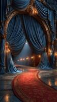 Elegant theater entrance with blue drapes and red carpet leading into a grand hall at dusk photo