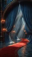 Elegant interior with blue curtains and red carpet illuminated by soft light beams photo