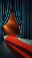 Dramatic entrance with blue curtains and a red carpet leading into an inviting space photo