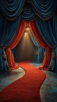 Red carpet pathway leading into a grand theater with ornate curtains in vibrant colors photo