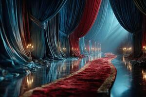 Elegant red carpet leading through luxurious draped curtains in a dimly lit venue photo