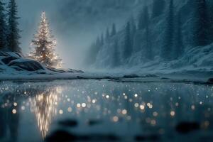 Snow-covered landscape with illuminated Christmas tree near a tranquil river at dusk during the winter season photo
