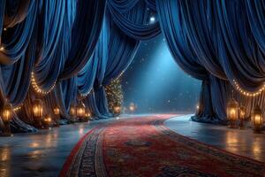 Glimmering pathway leads to a mystical experience beneath deep blue drapes and warm lantern light photo