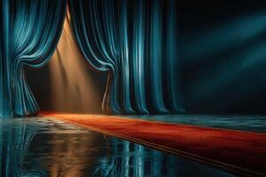 Dramatic curtain opening reveals a glowing pathway in a theater setting during evening performance photo