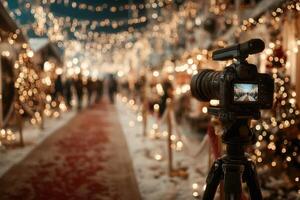 Festive holiday market at dusk with a camera capturing the magic of twinkling lights and decorations photo