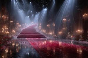Grand staircase adorned with sparkling lights and floral arrangements for a luxurious evening event photo