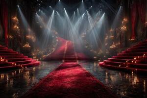 Stunning staircase with red carpet and candles enhances the dramatic atmosphere of an elegant venue during an evening event photo