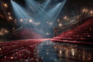 Grand staircase illuminated by soft lights in an opulent venue with elegant design and intricate details photo
