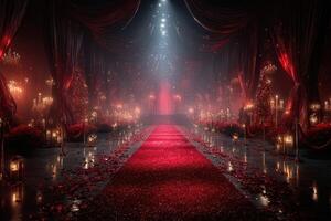 Elegant red carpet setting with ambient lighting and floral decor in a luxurious venue during a gala night photo