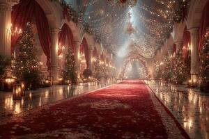 Elegant holiday gala with decorated trees and festive lights in a grand hall during evening hours photo