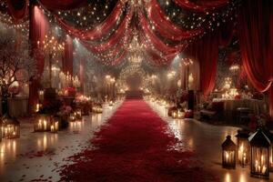 Elegant wedding reception decorated with red drapes and chandeliers at night, featuring a rose petal carpet photo