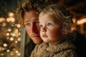 Father and daughter gazing out the window during the festive season photo