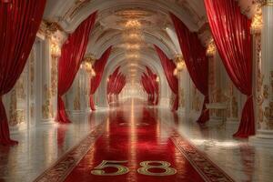 Elegant corridor adorned with red curtains and chandeliers in a lavish interior setting photo