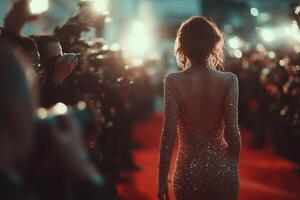 Celebrity walks down red carpet surrounded by photographers at glamorous event in evening light photo