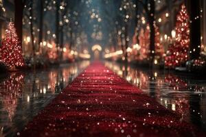 Elegant red carpet lined with shimmering Christmas trees at twilight during a festive celebration in a grand hall photo