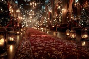 Elegant holiday event with glowing lanterns and Christmas decorations in a grand hall photo