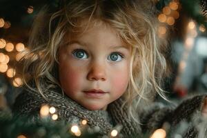 Child with bright blue eyes and curly hair peeking through holiday lights in a cozy setting photo
